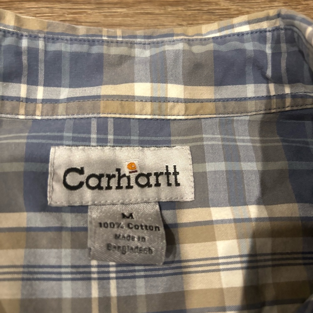 Carhartt Plaid Button Up Shirt Medium Blue Short Sleeve Workwear Cotton Logo - Picture 4 of 6